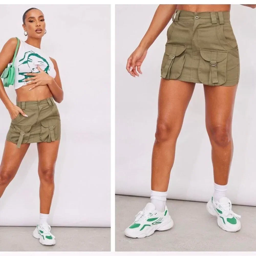 NWT prettylittlething cargo skirt micro mini skirt buckles straps front pockets